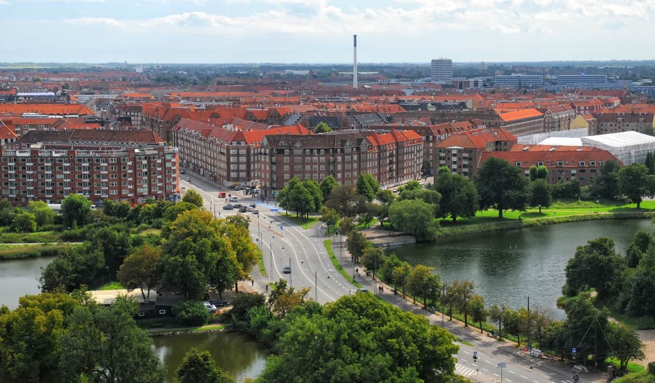 Panorama aerial view of Amager island and Amagerbro district in Copenhagen, Denmark