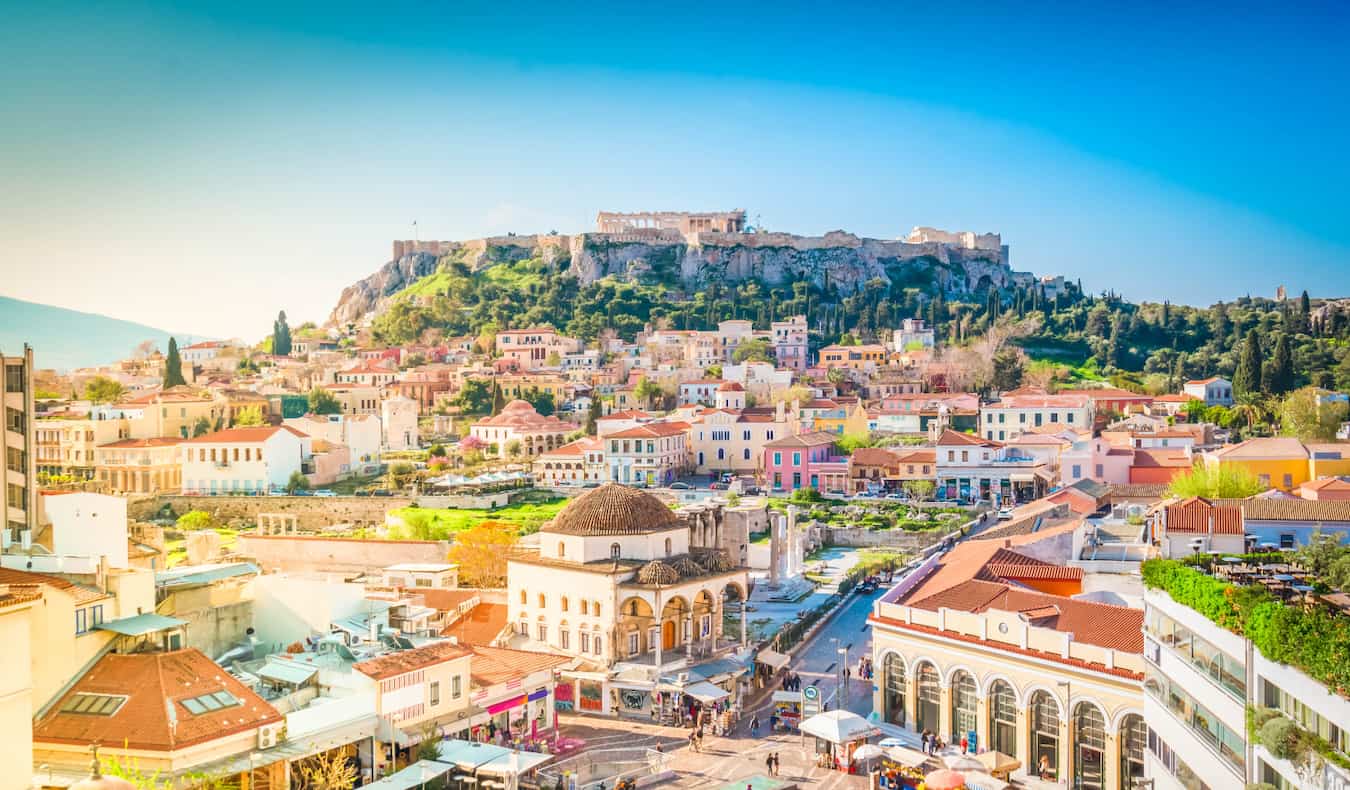 The view overlooking historic Athens, Greece with the Acropolis in the distance