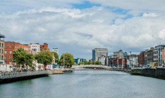 The view overlooking the River Liffey in Dublin, Ireland as it dives the city on a sunny day