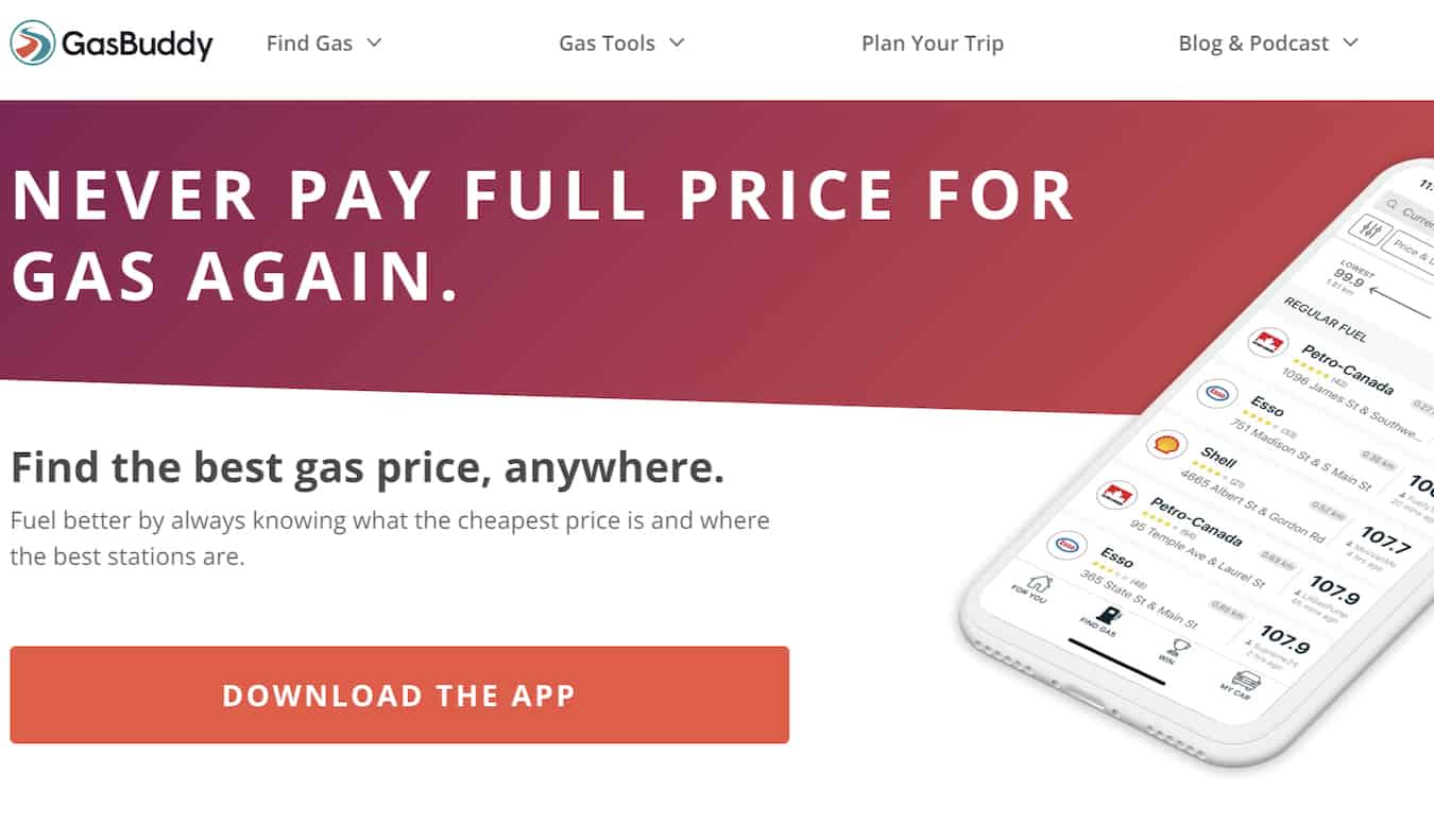 The homepage of the GasBuddy travel app