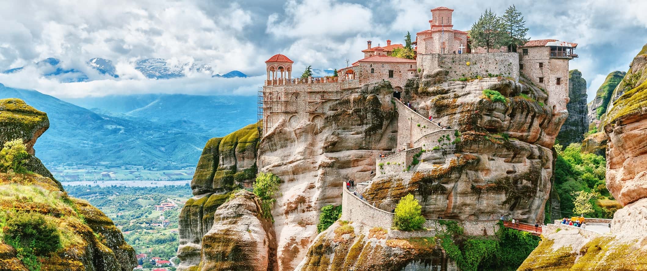 View of cliffside monasteries in Meteroa, Greece